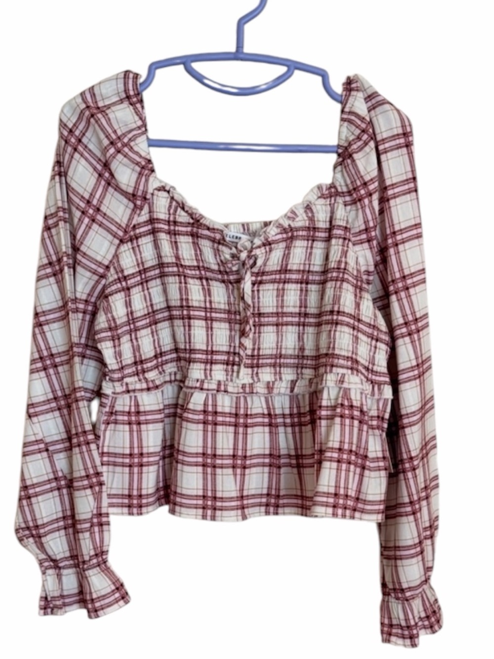 Celebrity Pink Burgundy & White Plaid Peplum Blouse. Size XL. NWT